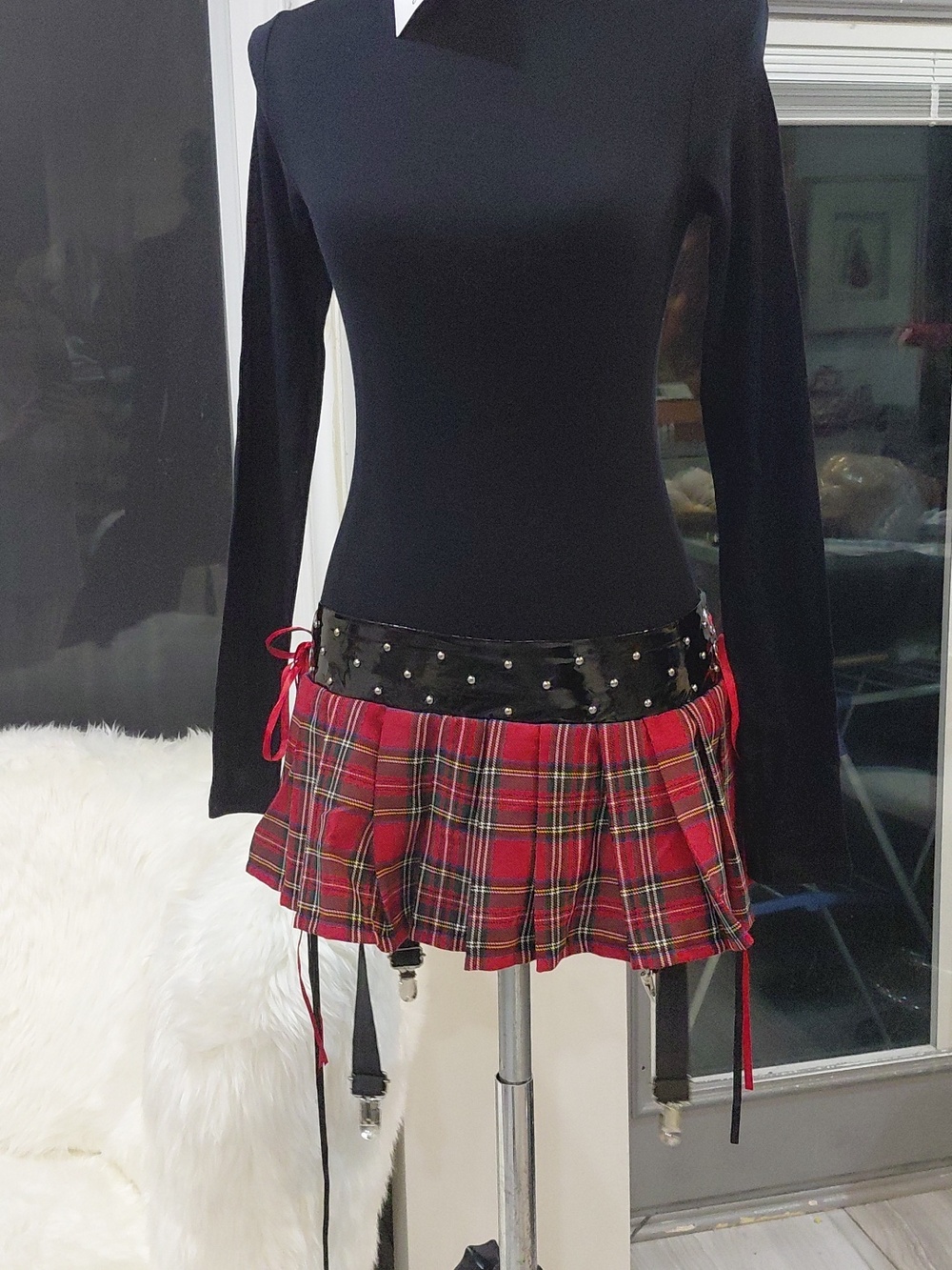 Bundle Plaid Red Mini Skirt with Studded Waistband - Picture 7 of 12
